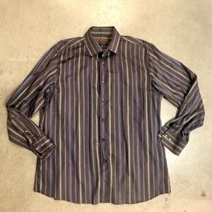 ETRO MENS STRIPED GEOMETRIC PRINT DRESS SHIRT, SIZE EU 44, GRAY/PURPLE